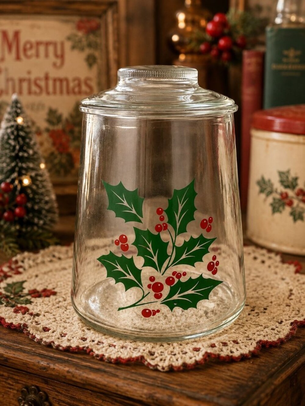 Vintage 80s Bartlett Collins Christmas Holly Berry 7.5" Glass Cookie Jar Indiana